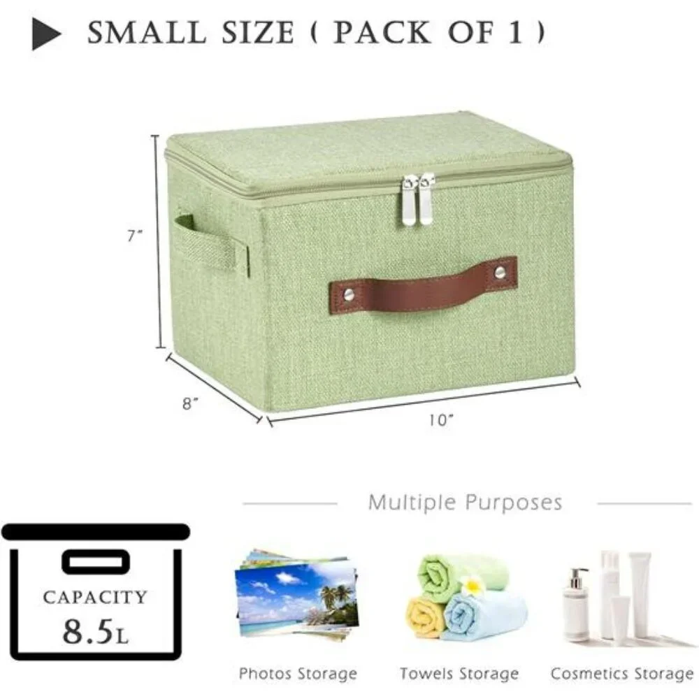 Fabric storage bin with zipper lid foldable closet organizer box with handles